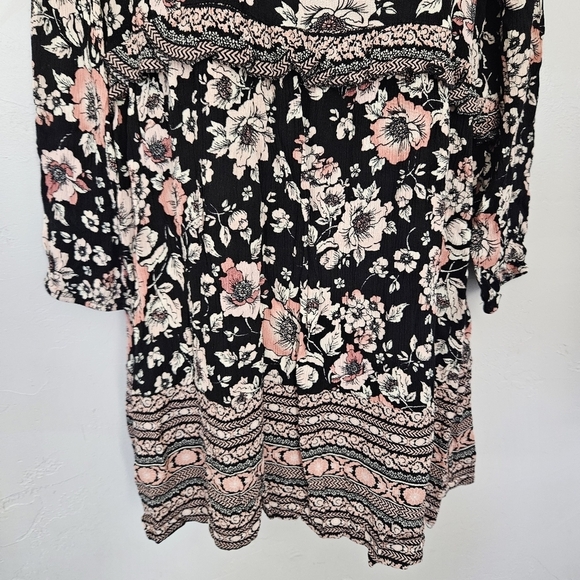 Wallflower Women's Large Long Sleeve Blouse Black Pink Floral Boho Top Shirt - Picture 3 of 7